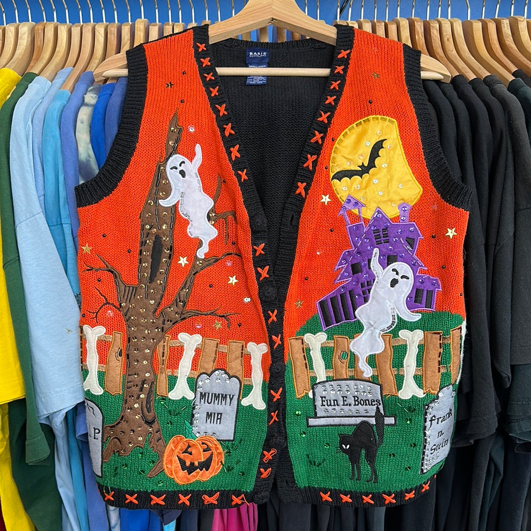Ghost Cemetery Halloween Scene Beaded Vest Sweater