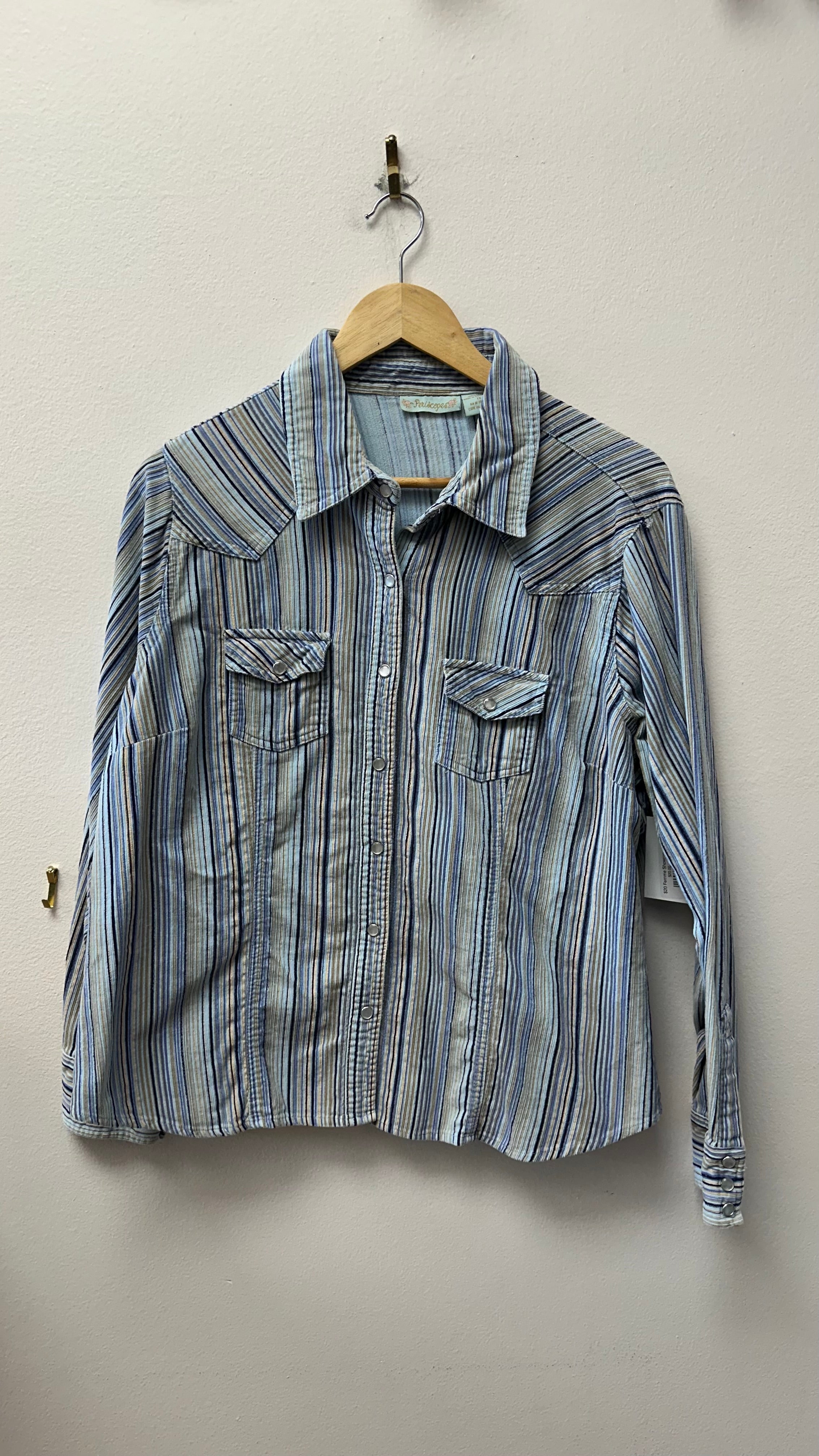 Periscope Blue Striped Pearl Snap Femme Top