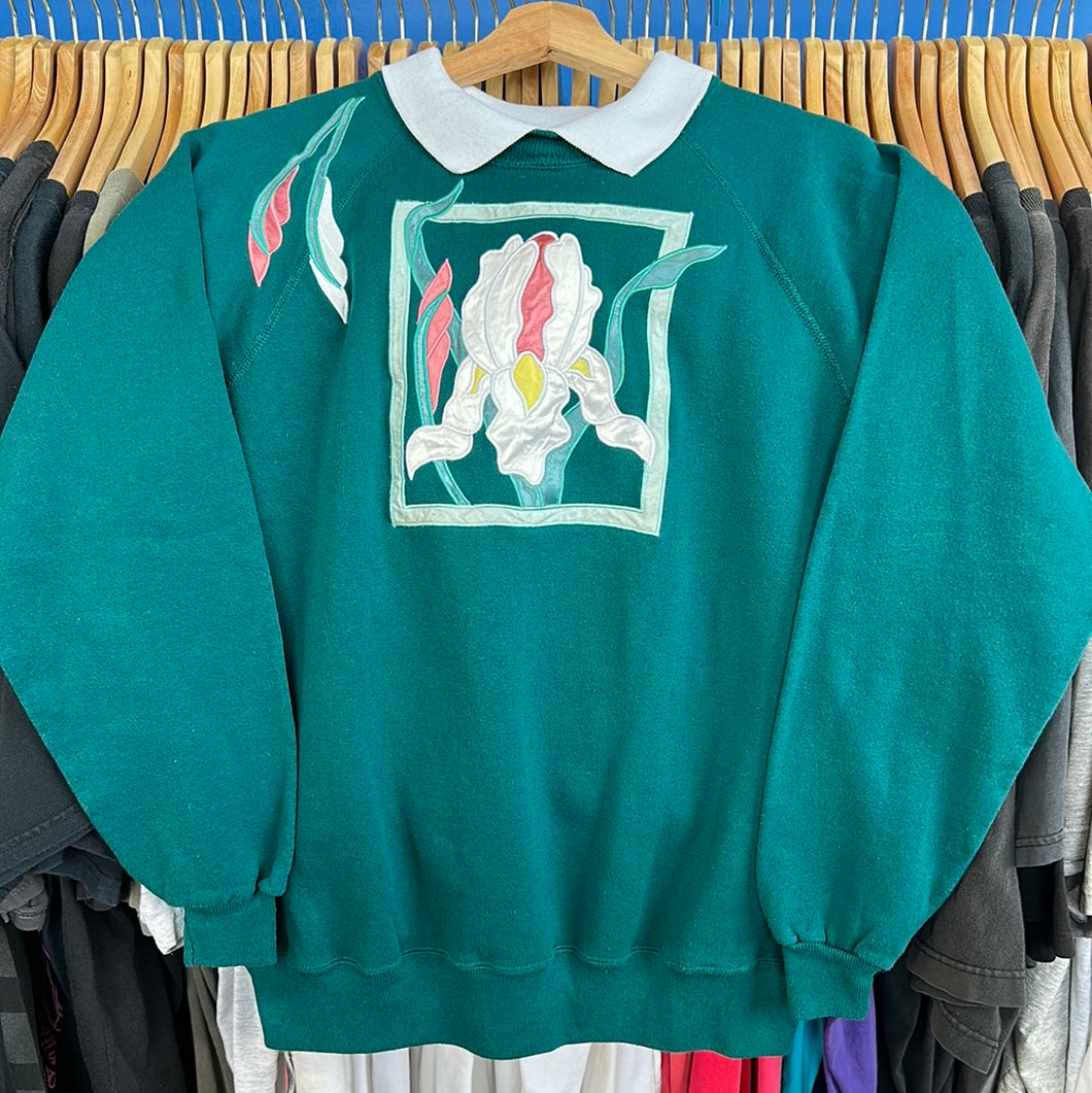 Embroidered Framed Floral Collared Grandma Sweatshirt