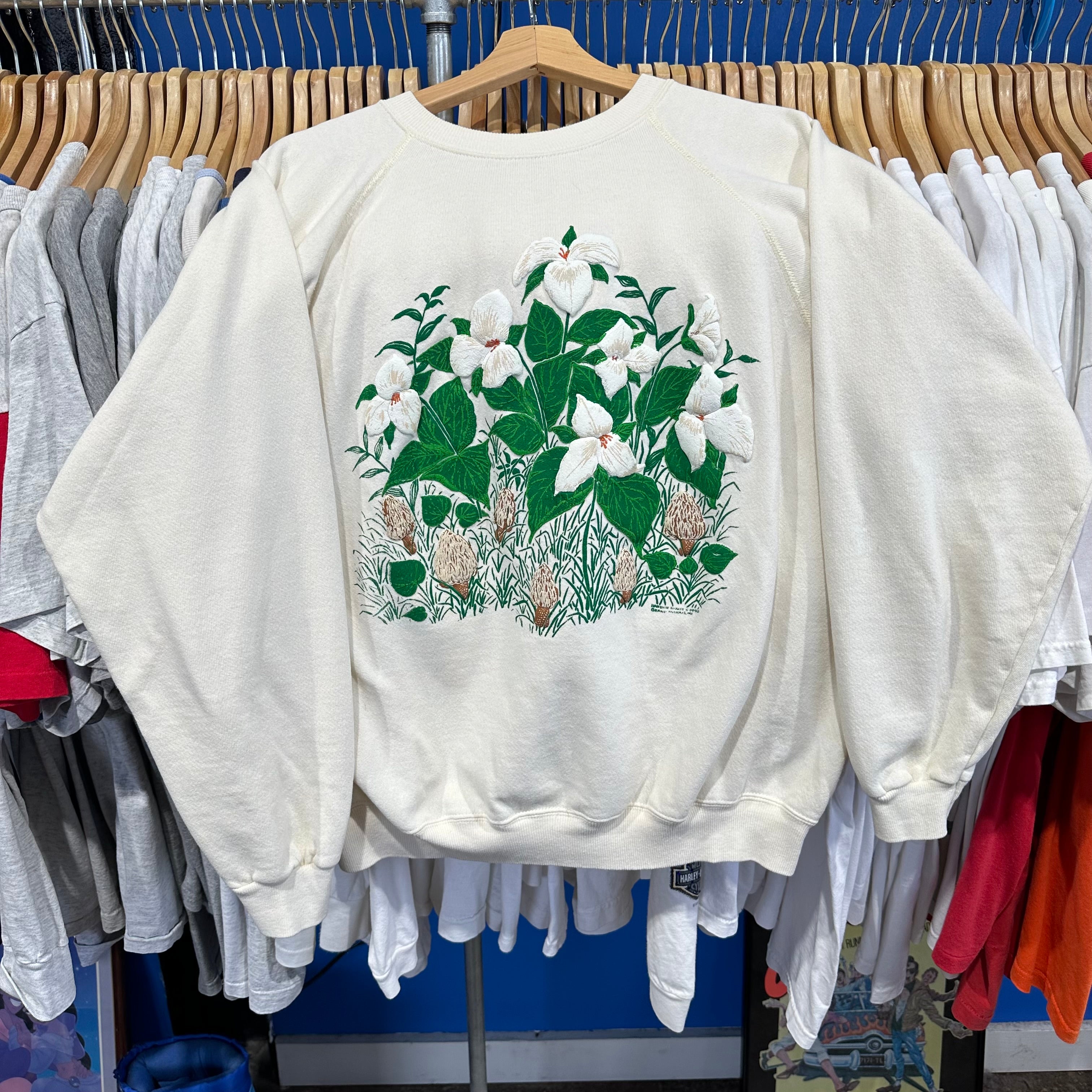 Flower & Morel Mushrooms Puff Print Crewneck Sweatshirt