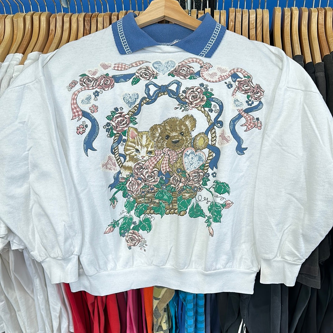 Kitten and Teddy in Basket Collared Grandma Sweatshirt