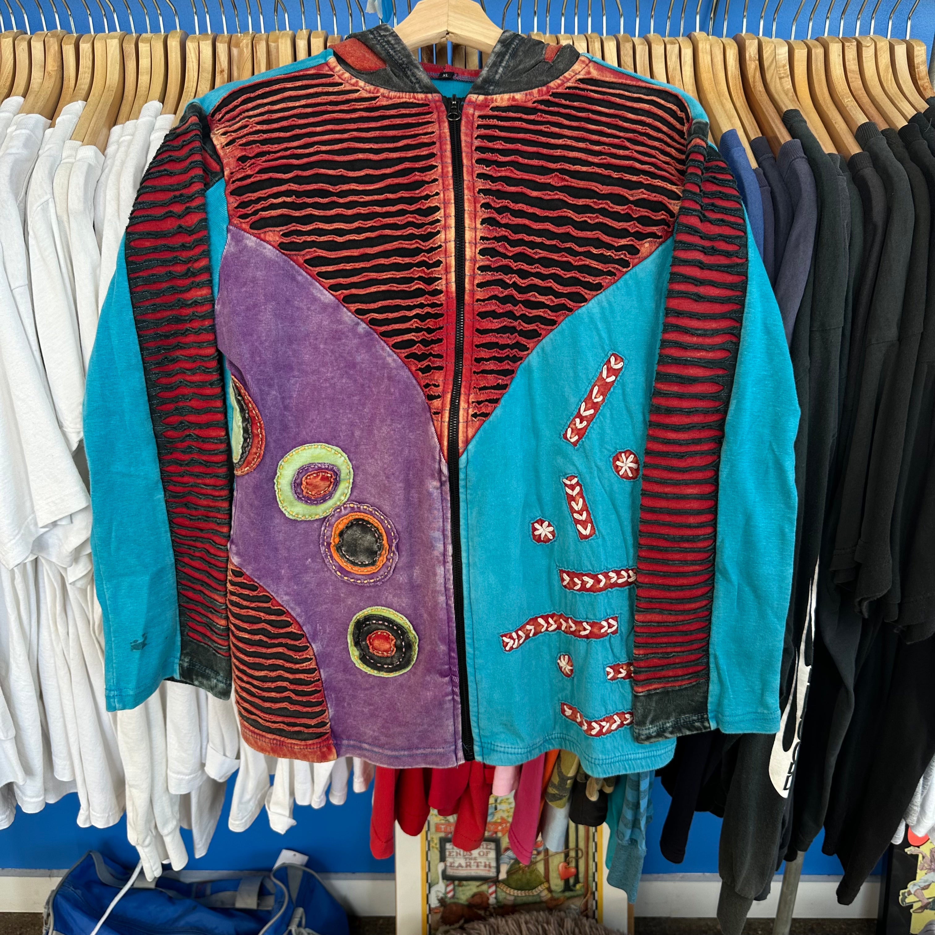 Whimsigoth Patchwork Zip Up Hooded Sweatshirt