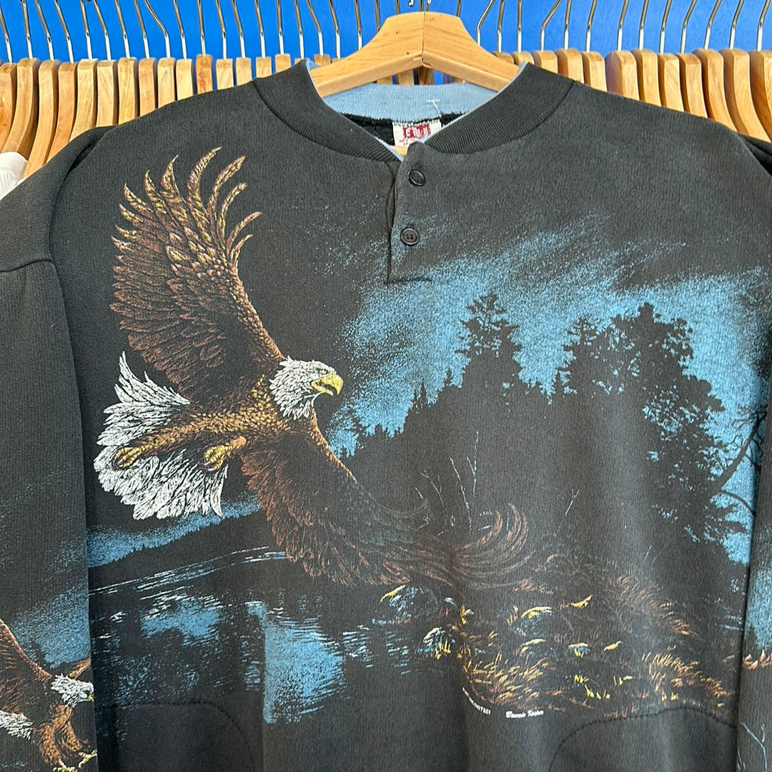 Eagle Nature Scene Wrap Around Collared Crewneck Sweatshirt