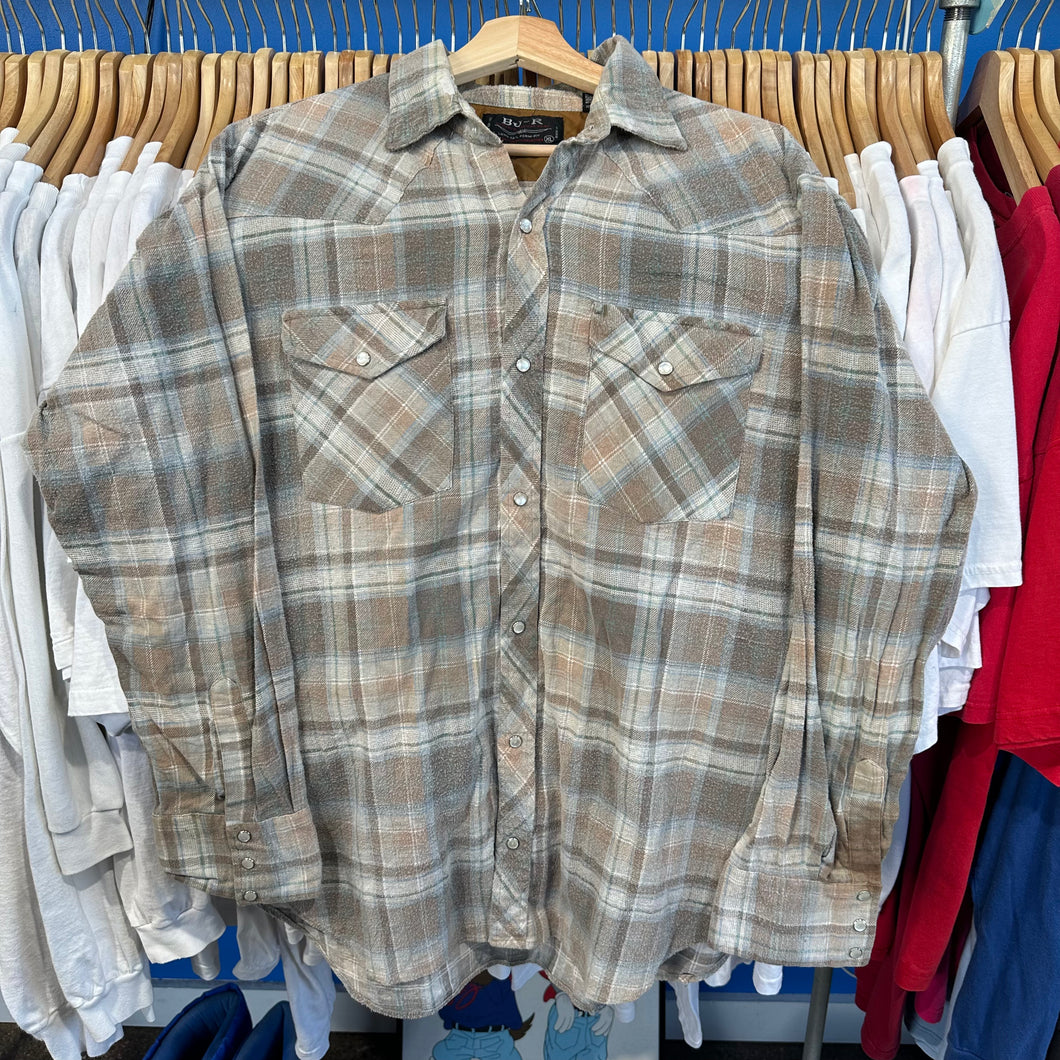 BJ-R Tan & Blue Pearl Snap Button Up