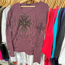 Load image into Gallery viewer, Sparkle Cross V Neck Femme Long Sleeve T-Shirt
