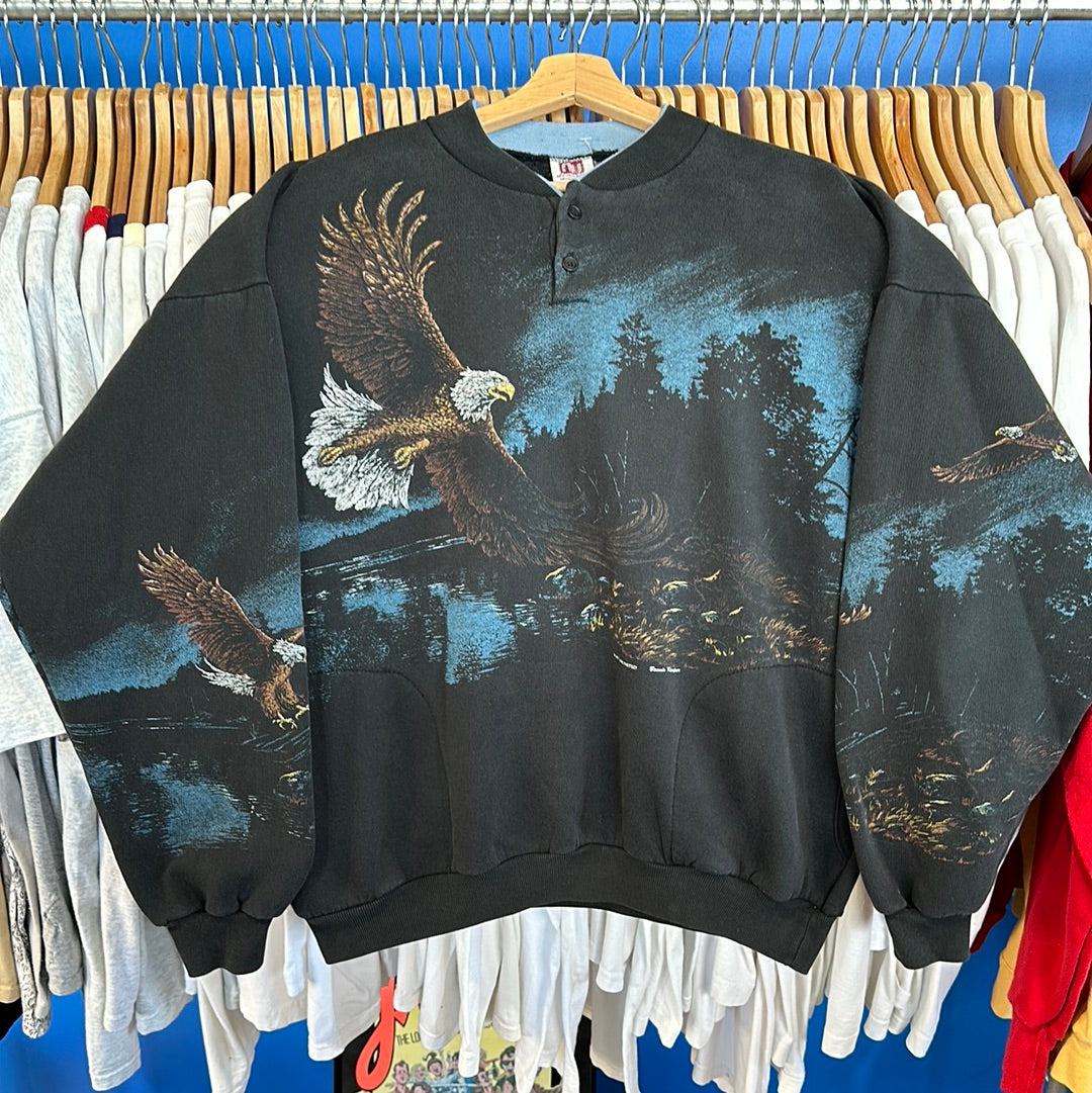 Eagle Nature Scene Wrap Around Collared Crewneck Sweatshirt