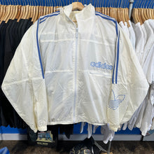 Load image into Gallery viewer, White &amp; Blue Adidas Zip-Up Hooded Windbreaker Jacket
