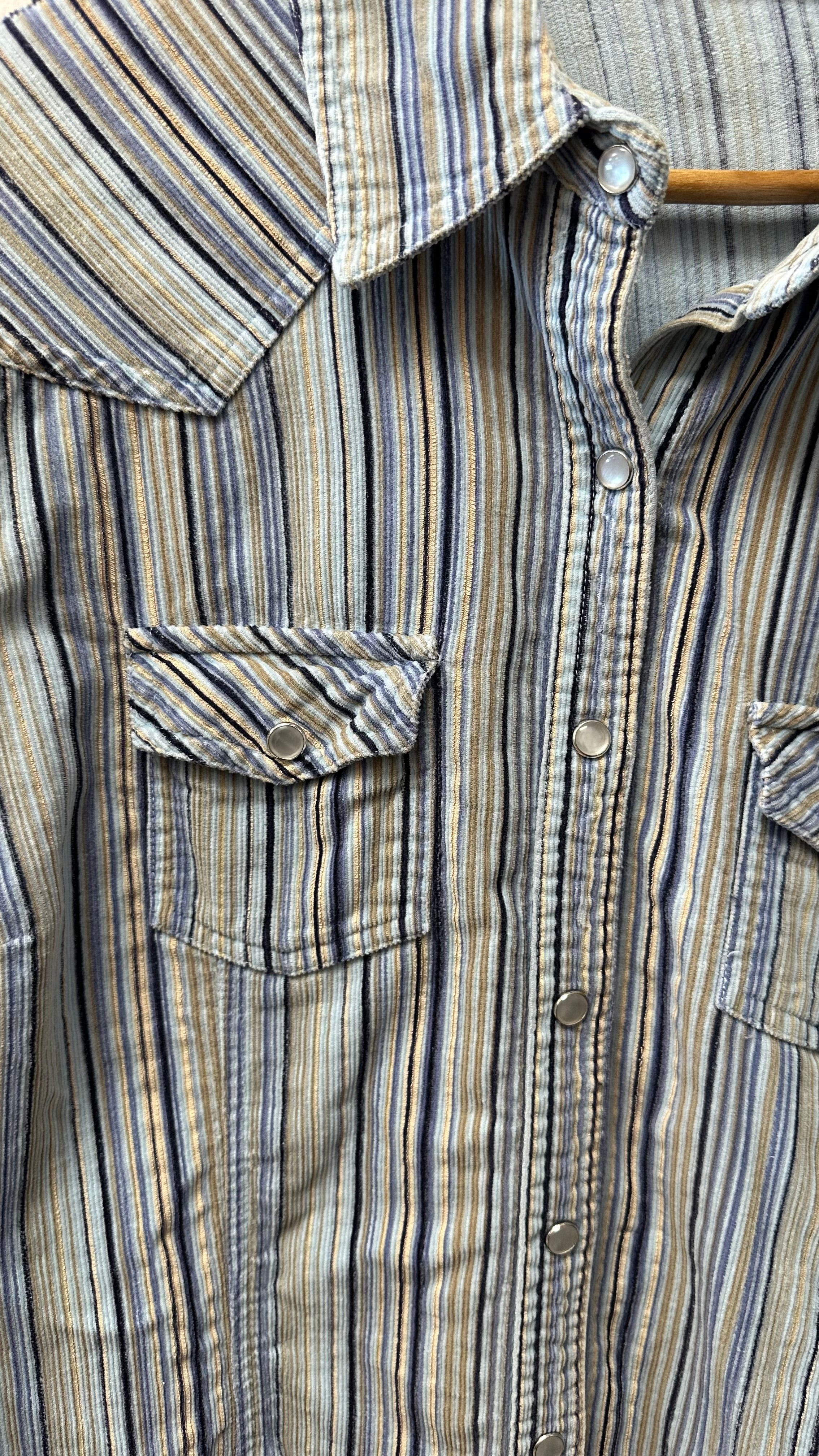 Periscope Blue Striped Pearl Snap Femme Top