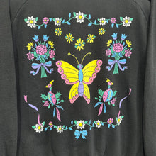 Load image into Gallery viewer, Neon Floral Butterfly Scene Black Crewneck Sweatshirt
