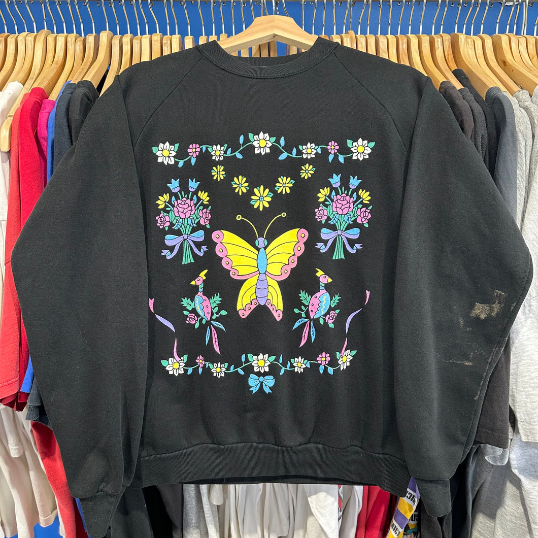 Neon Floral Butterfly Scene Black Crewneck Sweatshirt