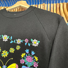 Load image into Gallery viewer, Neon Floral Butterfly Scene Black Crewneck Sweatshirt
